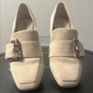 Swede Beige Loafers with Tortoise Accent Flared Block Heels Pumps